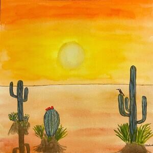 Hand painted watercolor original painting desert cactus